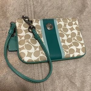 Coach Teal & Beige wristlet